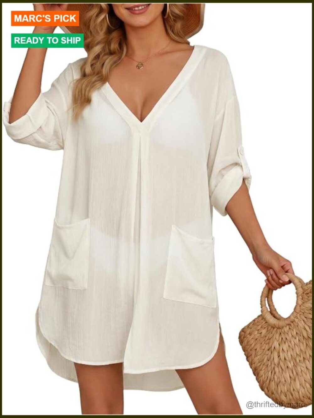 Womens Swimsuit Cover Up Shirt V Neck 3/4 Sleeve Bathing Suit Coverup Beach